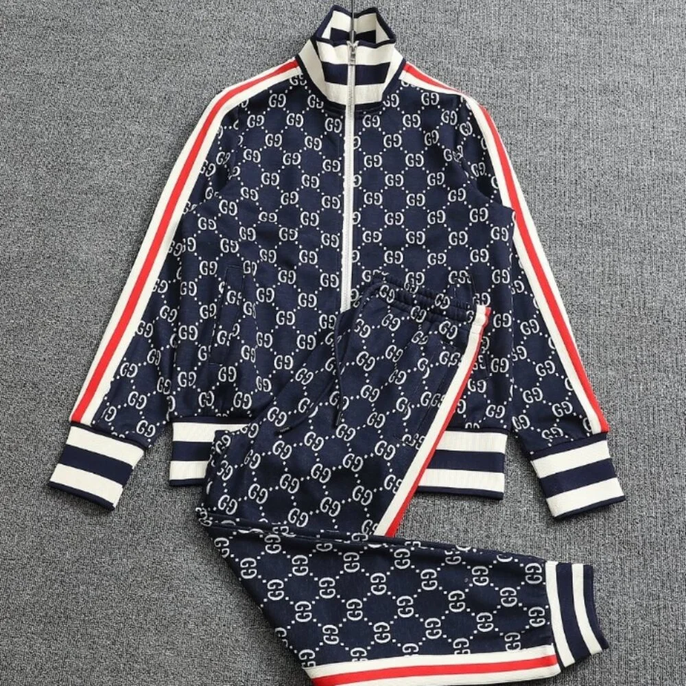 Gucci Blue and Red GG Monogram Bomber Jacket